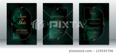 Emerald Green Wedding Invitation Set with Gold Vintage Frame-Luxury Marble Design 129583706