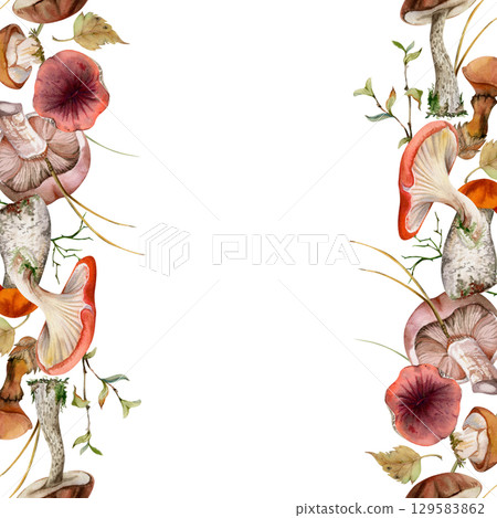 Bolete cep russula suillus mushroom fungi hand drawn in watercolor. Leaves twigs pine needles, autumn forest harvest, vegan cooking edible raw ingredient. Seamless double banner. Decals, stencils 129583862