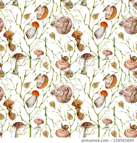 Birch bolete cep russula suillus milk-cap striped mushroom, autumn leaves snails. Fungi nature seamless pattern hand drawn in watercolor. Brambles twisting branches twigs. Packaging wrapping origami 129583889