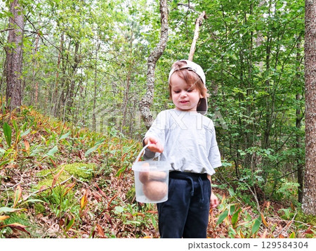 Children walking in the forest and gather mushrooms. happy child is picking mushrooms in the forest 129584304