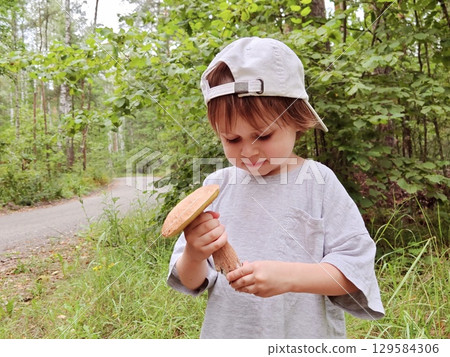 Children walking in the forest and gather mushrooms. happy child is picking mushrooms in the forest. Cute emotional boy in the forest. 129584306