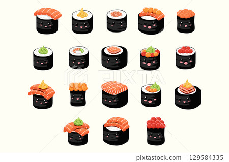 Big vector set of cute cartoon sushi roll characters with funny faces. Asian Japanese food and cuisine elements for banners, flyers, web design, branding, printed products, and advertising materials 129584335