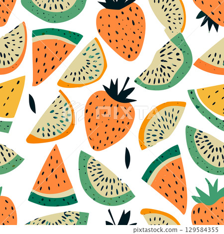 Colorful seamless pattern with artistic berries and fruits scattered at different angles for creative design. 129584355