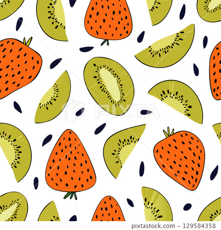 Colorful seamless pattern with artistic berries and fruits scattered at different angles for creative design. 129584358