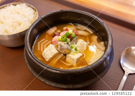 Korean traditional food. Soybean paste stew 129585122