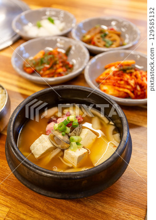 Korean traditional food. Soybean paste stew Korean traditional food. Soybean paste stew 129585132