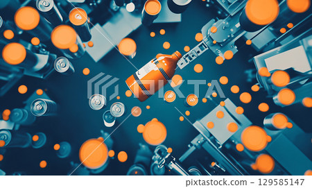 3D Illustration of a can manufacturing plant. beverage manufacturing factory. modern factory. AI Generated. 129585147