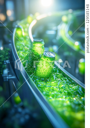 Herbal beverage cans moving along the conveyor belt in factory. Abstract 3D Illustration. AI Generated. 129585148