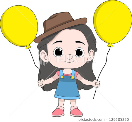 Cartoon Girl in Hat Holding Yellow Balloons for Birthday Celebration 129585250
