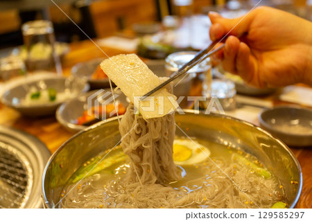 Korean traditional food. Cold buckwheat noodles 129585297