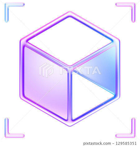 Glass style cube icon with scanning frame, representing 3D modeling, augmented reality, and object visualization Glass style cube icon with scanning frame, representing 3D modeling, augmented reality, and object visualization 129585351