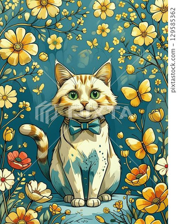 花和貓的插圖 花和貓的插圖 129585362