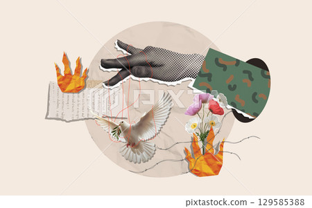 Anti war concept featuring a dove and vibrant floral composition. Vector illustration 129585388