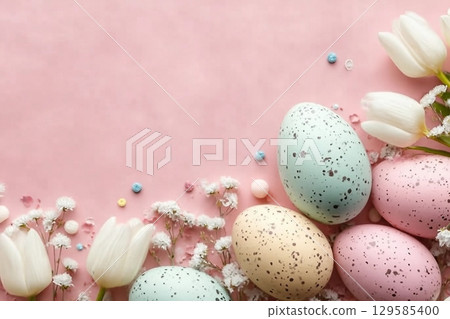 Happy Easter holiday greeting card. Bouquet of white tulips and Easter egg on pink background. Space for text 129585400