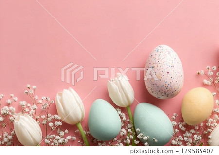 Happy Easter holiday greeting card. Bouquet of white tulips and Easter egg on pink background. Space for text 129585402