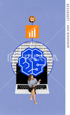 Contemporary collage. Businesswoman working on AI-powered market growth analytics 129585539