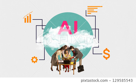 Graphic composition. Business team analyzing AI-driven financial strategy 129585543