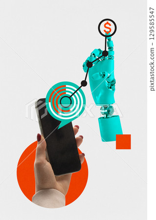 Collage of robotic hand interacting with mobile fintech interface 129585547