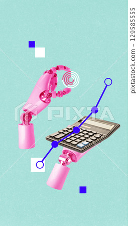 Creative artwork. Pink robotic hands using calculator with rising trend line 129585555