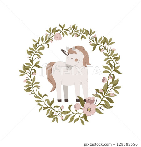 Hand drawn cute unicorn with flowers frame isolated on white background. Magic horn vector illustration. Design for invitation, posters, cards 129585556