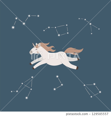 Cute magic unicorn fly in sky with stars. Cartoon dream pony vector illustration. Kids poster, card, invitation, cloth design, nursery decor. 129585557