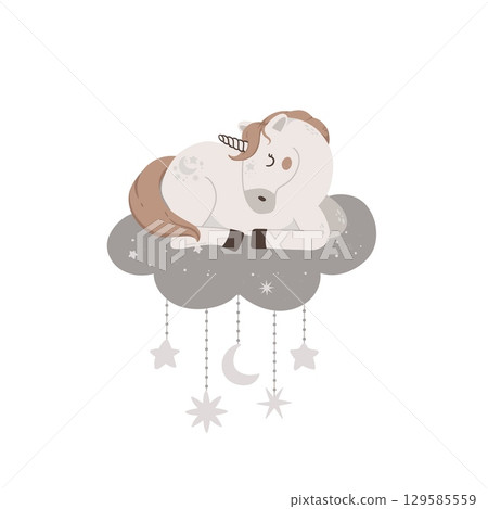 Hand drawn cute unicorn sleep on cloud. Magic horn with stars vector illustration. Childish poster with fairytale animal, invitation, postcard Hand drawn cute unicorn sleep on cloud. Magic horn with stars vector illustration. Childish poster with fairytale animal, invitation, postcard 129585559