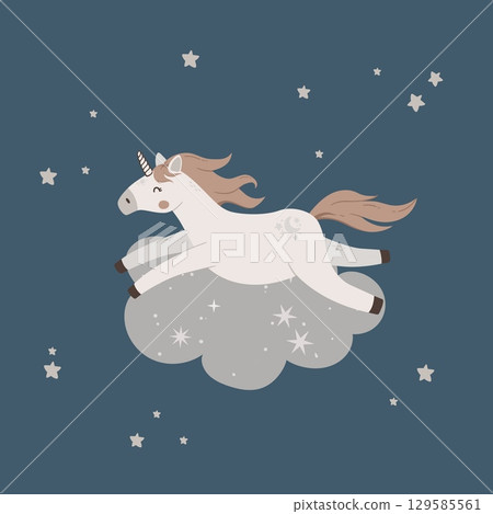 Magic unicorn sleep on cloud. Cute childish poster with fairytale animal and stars. Cartoon characters for birthday, invitation, card, kids cloth Magic unicorn sleep on cloud. Cute childish poster with fairytale animal and stars. Cartoon characters for birthday, invitation, card, kids cloth 129585561