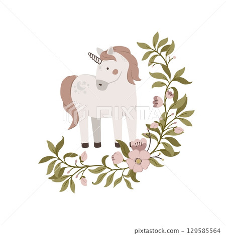Hand drawn cute unicorn with flowers frame isolated on white background. Magic horn vector illustration. Design for invitation, posters, cards 129585564