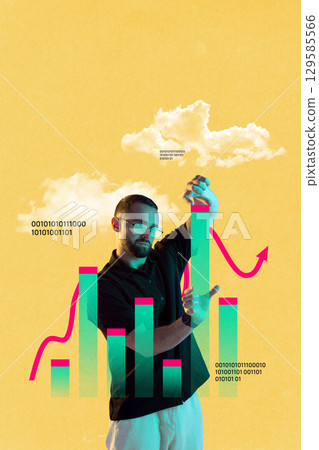 Colorful collage. Analyst manipulating bar charts with binary code overlay 129585566