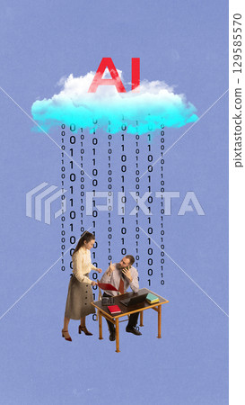 Contemporary collage. Business team under AI cloud raining binary code Contemporary collage. Business team under AI cloud raining binary code 129585570