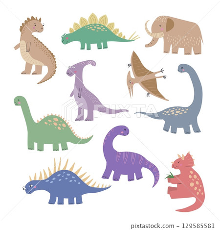 Set of cartoon dinosaur vector illustrations . Prehistoric lizard collection isolated on white background. Hand drawn cute characters reptiles 129585581