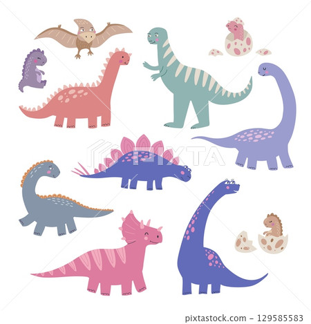 Cute dinosaur set isolated on white background. Prehistoric lizard cartoon vector illustration. Childish poster with flat reptiles 129585583