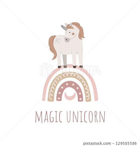 Hand drawn cute unicorn on rainbow. Magic horn vector illustration. Childish cartoon poster with fairytale animal, invitation, postcard 129585586