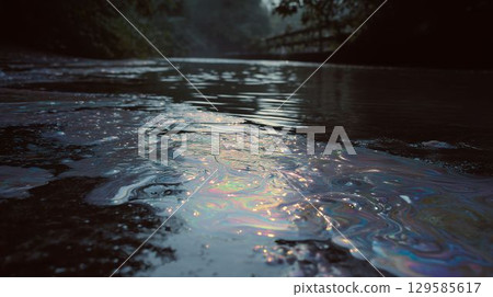Rainbow-colored film of pollution spreading on the water surface (concept) 129585617