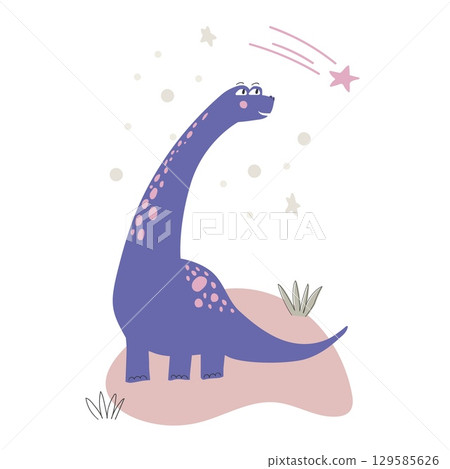 Cute dinosaurs and comet vector illustrations. Cartoon characters reptiles and stars on white background. Hand drawn prehistoric lizard kids poster 129585626