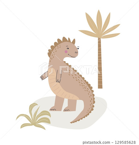 Cartoon cute dinosaur with palm vector illustrations . Prehistoric lizard isolated on white background. Hand drawn characters reptiles postcard Cartoon cute dinosaur with palm vector illustrations . Prehistoric lizard isolated on white background. Hand drawn characters reptiles postcard 129585628
