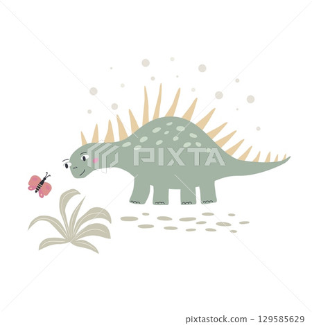 Cute dinosaur with butterfly vector illustrations. Cartoon characters isolated on white background Cute dinosaur with butterfly vector illustrations. Cartoon characters isolated on white background 129585629