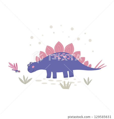 Cute dinosaur with butterfly vector illustrations. Cartoon characters isolated on white background 129585631