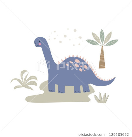 Cute dinosaur and tropical plants isolated on white background. Cartoon characters reptiles vector illustrations. Hand drawn prehistoric lizard poster 129585632