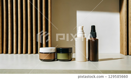 Skincare products displayed on a light-colored shelf in a modern setting 129585660