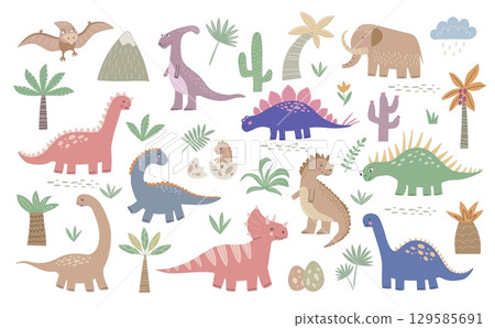 Set of cute dinosaur illustrations and tropical plants isolated on white background. Prehistoric lizard cartoon collection with floral elements 129585691