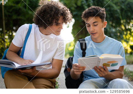 Two teens sitting in the park and studying together 129585696