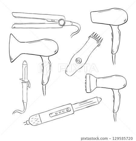 hairdresser salon or barbershop tools set. Haircut barber isolated items set. Vector graphic line ink illustration. design for fashion graphics, textile prints, fabrics, wallpapers. 129585720