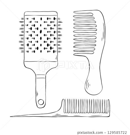 Set of combs. Black silhouettes of various combs on a white background. Haircut barber isolated items set. Vector graphic line ink illustration. Design for package, cosmetic, textile, cards. Set of combs. Black silhouettes of various combs on a white background. Haircut barber isolated items set. Vector graphic line ink illustration. Design for package, cosmetic, textile, cards. 129585722