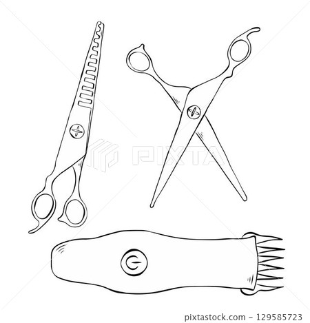 scissors icon Haircut barber isolated items set. Vector graphic line ink illustration. Silhouette sign for logo, print, comics, fashion, pop art, boards, design, stickers, decoration, posters 129585723