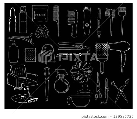 Barbershop utensils Haircut barber isolated items set. Vector graphic line ink illustration. Contain symbol of clipper, barber pole, comb, razor blade, chair, sprayer, pomade, hair dryer, brush 129585725