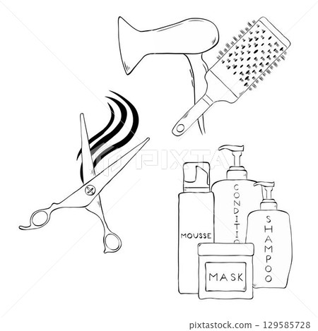 haircut Hair treatment barber composition set. Vector graphic line ink illustration. hair salon collection. Outline hairdryer and comb icon vector. web and mobile apps, logo, print media. haircut Hair treatment barber composition set. Vector graphic line ink illustration. hair salon collection. Outline hairdryer and comb icon vector. web and mobile apps, logo, print media. 129585728
