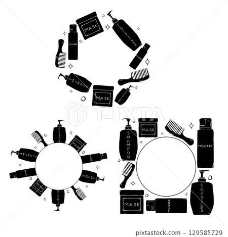 Hair treatment bottles circle round frame set. Vector graphic line ink template illustration. Place for your text, logo shampoo, Doodle cosmetics background for beauty shop. Hair treatment bottles circle round frame set. Vector graphic line ink template illustration. Place for your text, logo shampoo, Doodle cosmetics background for beauty shop. 129585729