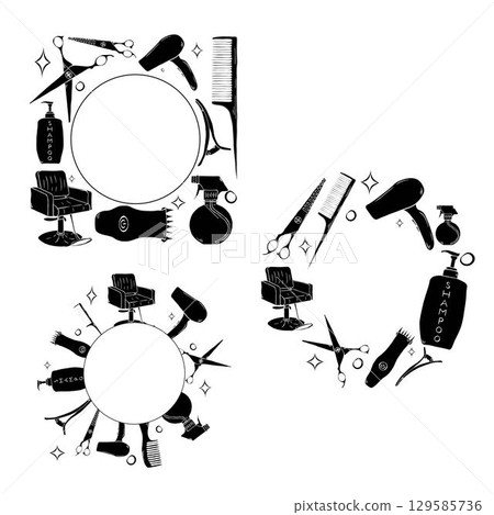Barbershop tools circle round frame set. Vector graphic line ink template illustration. Place for your text, logo hairdressing tools Hair salon accessories, hair dryer, comb, scissors and doodle. 129585736
