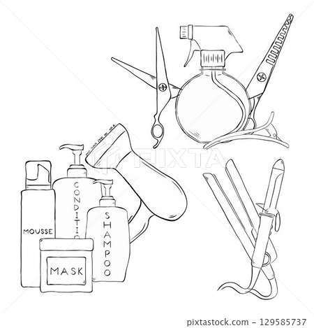 Hair treatment barber haircut composition set. Vector graphic line ink illustration. scissors, curler, shampoo bottles design for fashion graphics, textile prints, fabrics, wallpapers. 129585737